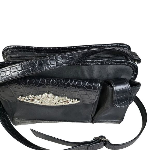 Black Faux Leather Croc Trim Casual Small Saddlebag Cross Body Purse - Picture 4 of 7